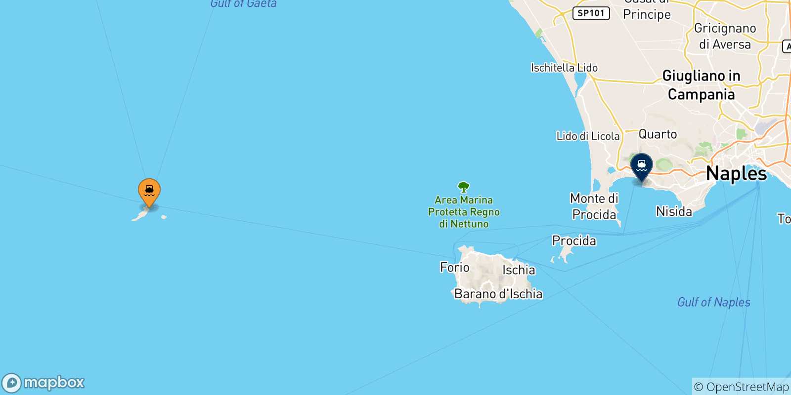 Mapa de las posibles rutas entre Ventotene y  Golfo De Nápoles