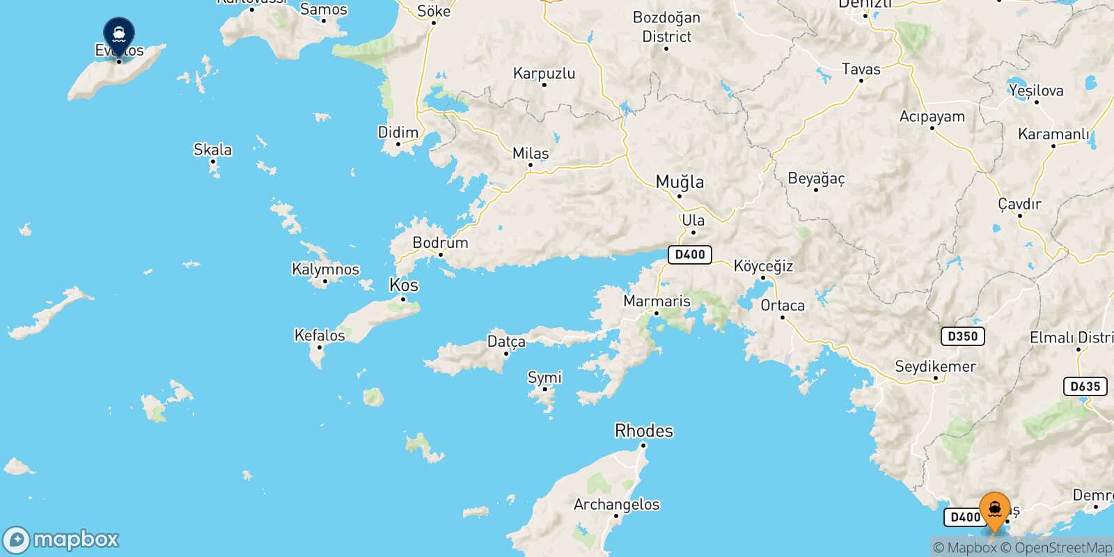 Mapa de la ruta Kastelorizo Evdilos (Ikaria)