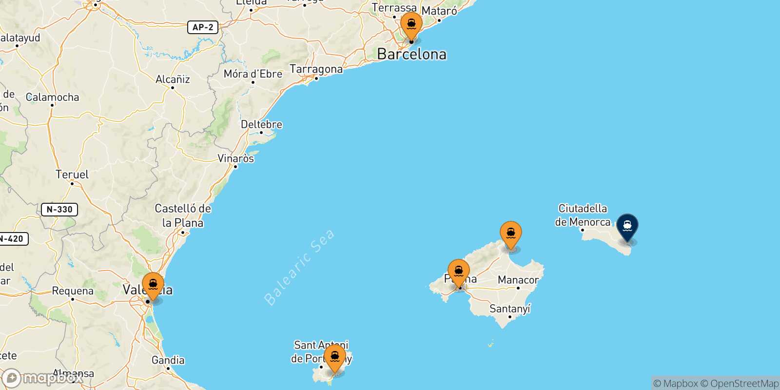 Mapa de los puertos conectados con  Mahon (Menorca)