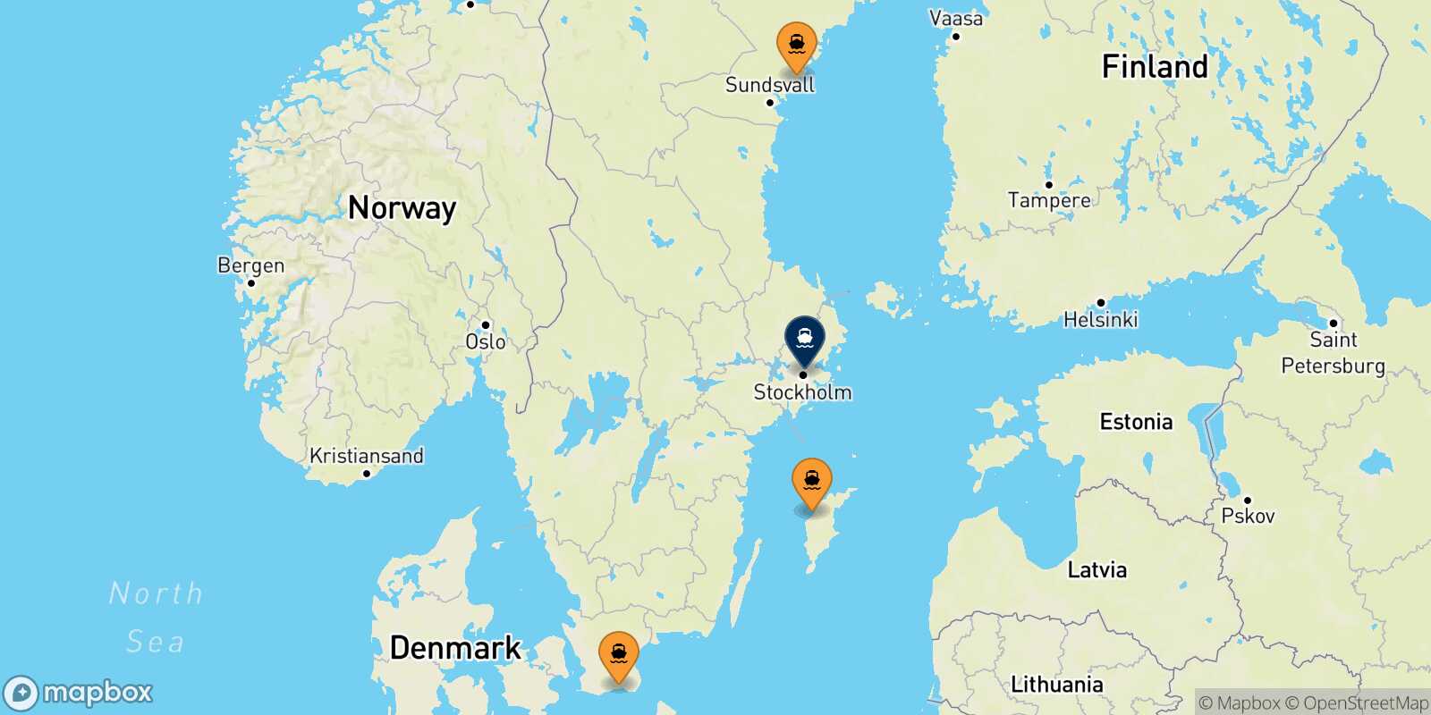 Mapa de los puertos conectados con  Estocolmo