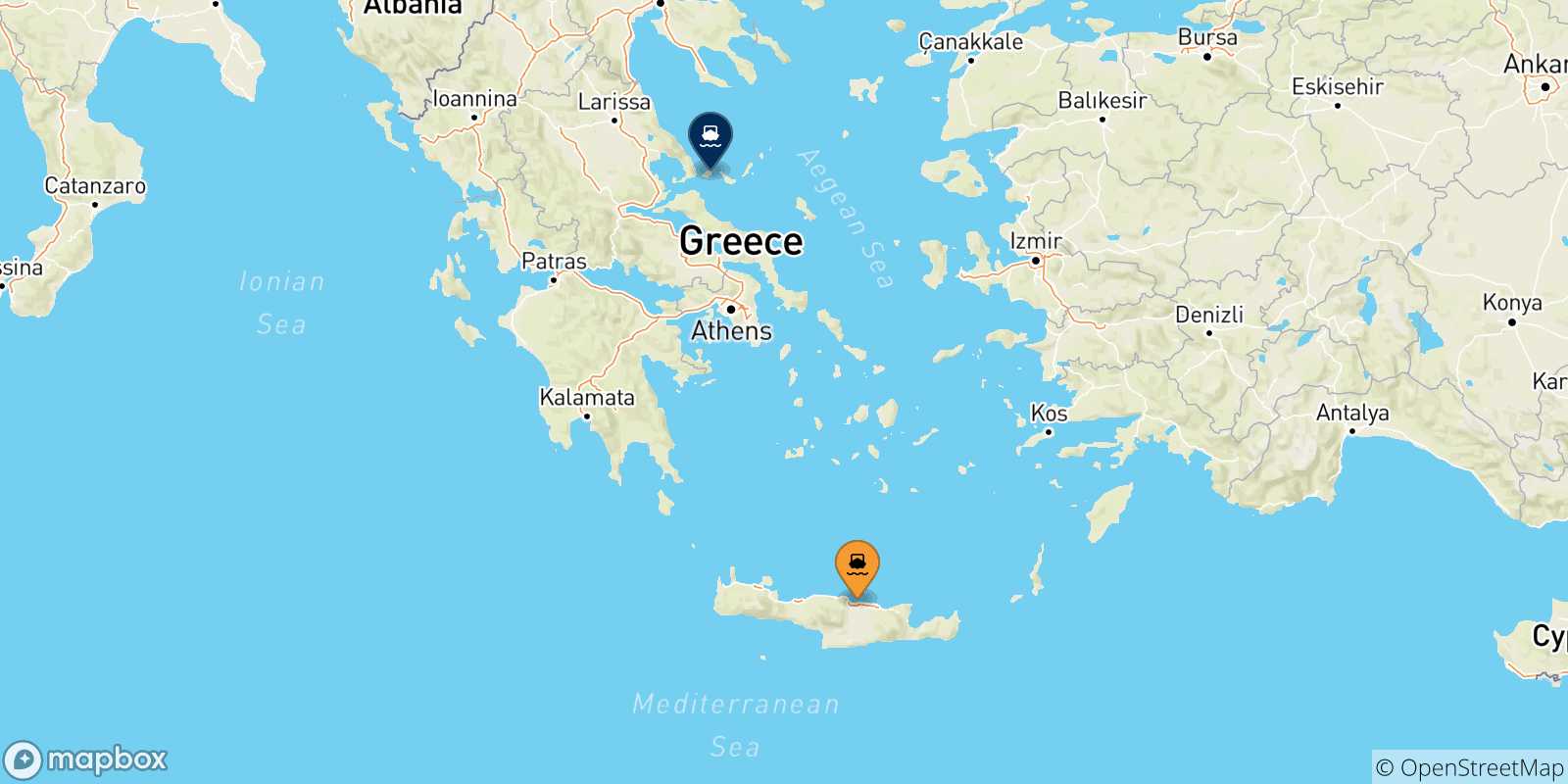 Mapa de las posibles rutas entre Creta y  Islas Espóradas