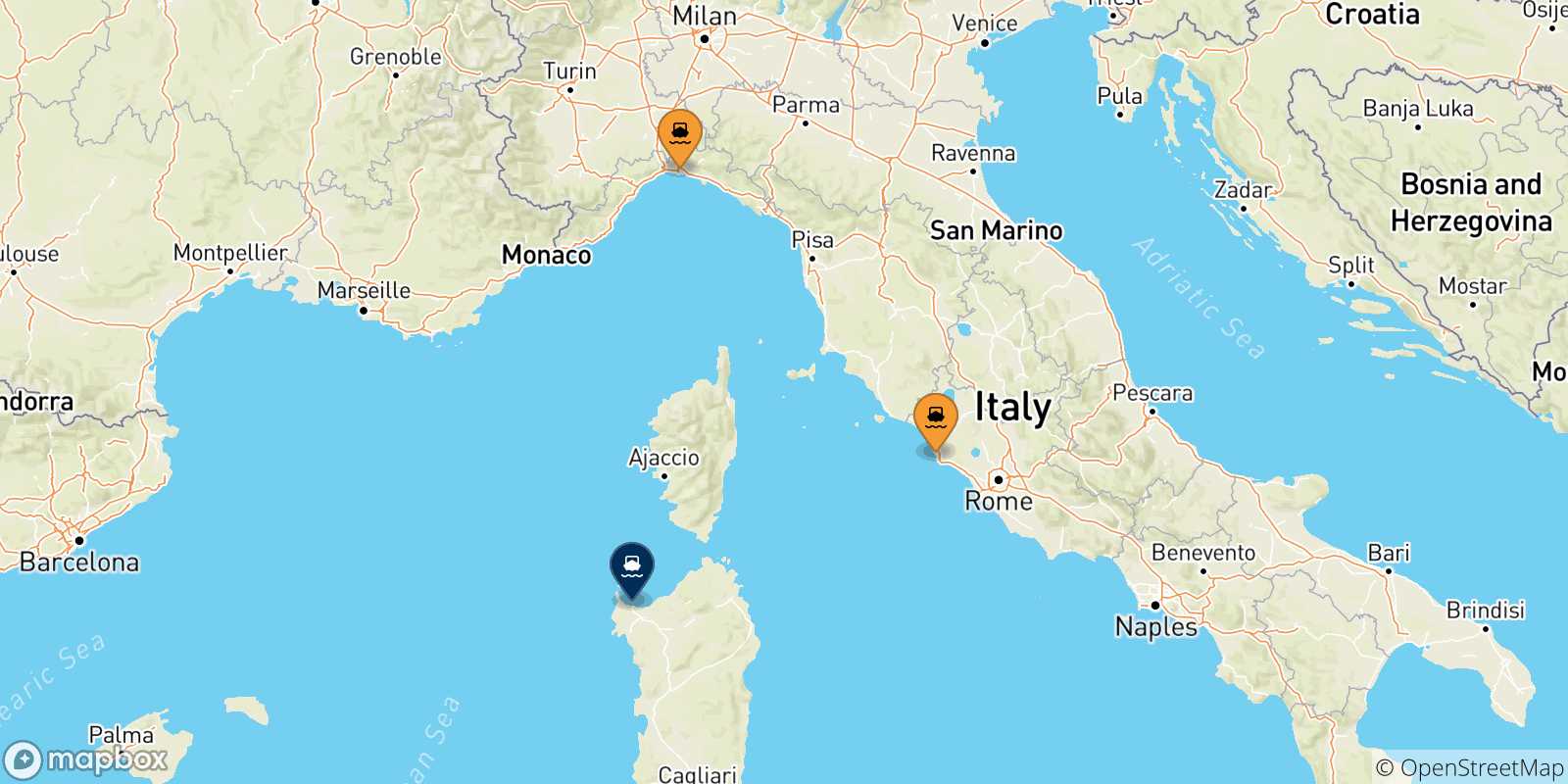 Mapa de las posibles rutas entre Italia y  Porto Torres