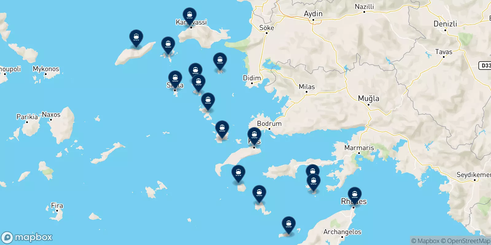 Mapa de los destinos Dodekanisos Seaways