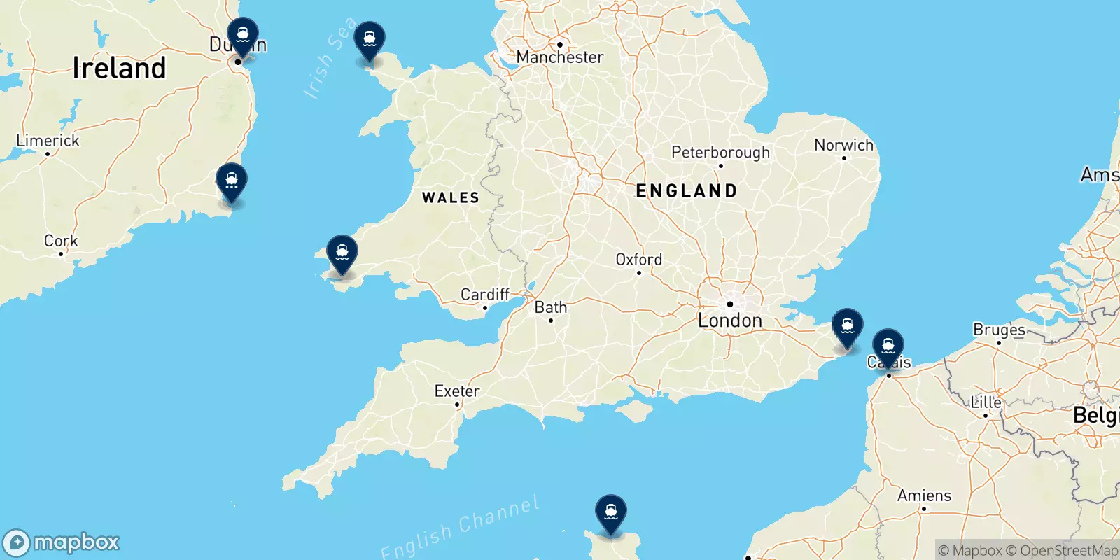 Mapa de los destinos Irish Ferries