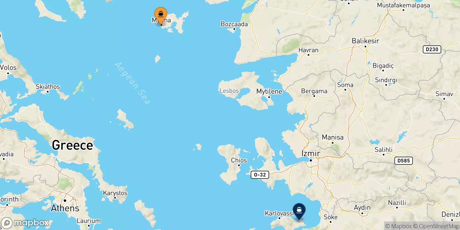 Ferries de Mirina (Limnos) a Vathi (Samos)